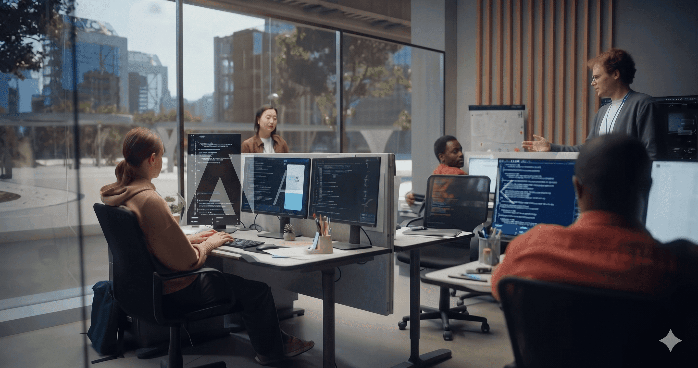 Team working at computers in a glass-walled office